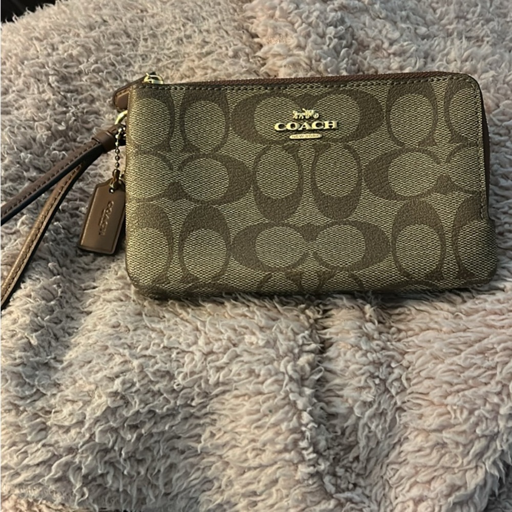 Coach Brown Signature Zip Wristlet with Gold Logo